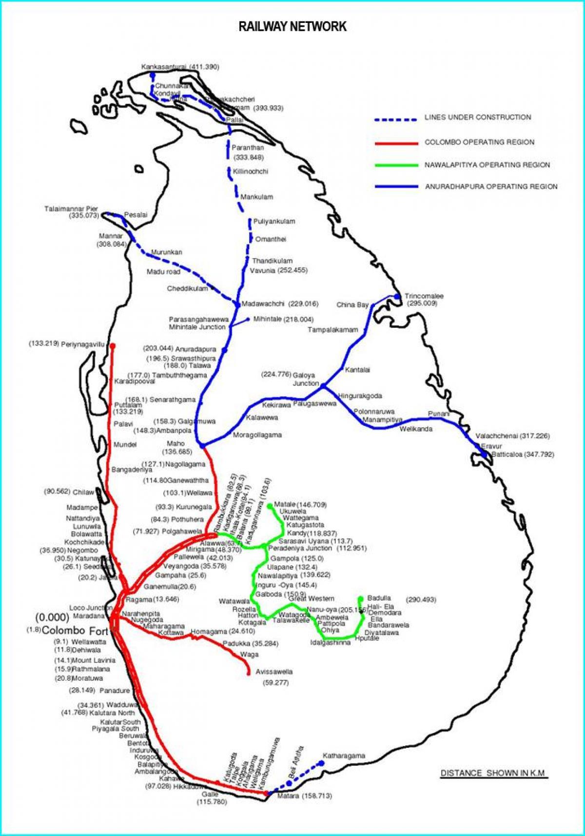 Sri Lanka sa pamamagitan ng tren network ng mapa