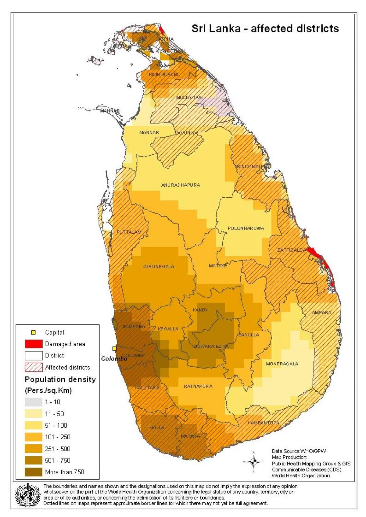 mapa ng Sri Lankan populasyon density