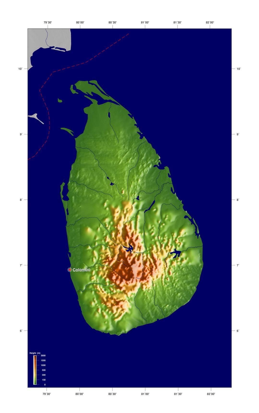 mapa ng Sri Lanka elevation