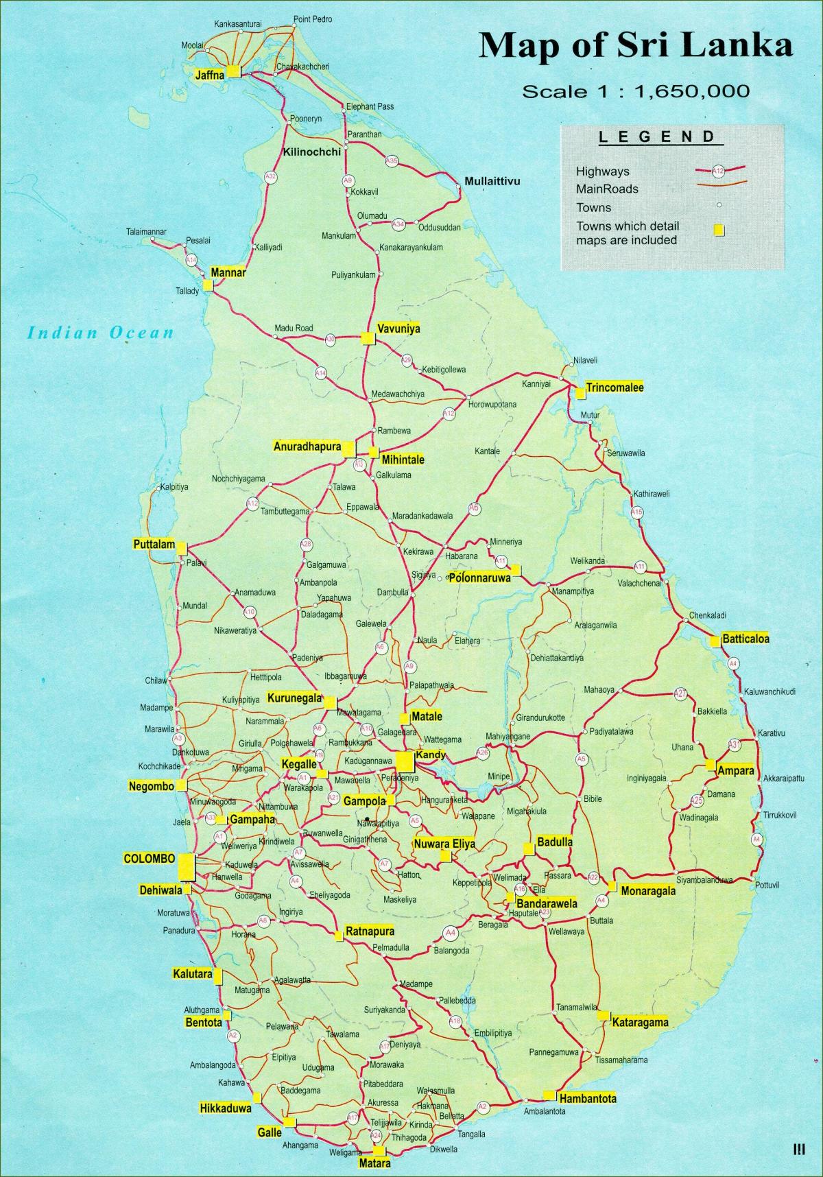 kalsada distansya sa mapa ng Sri Lanka