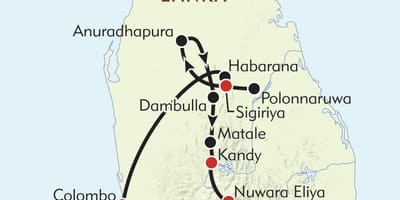 Mapa ng Sri Lanka itinerary